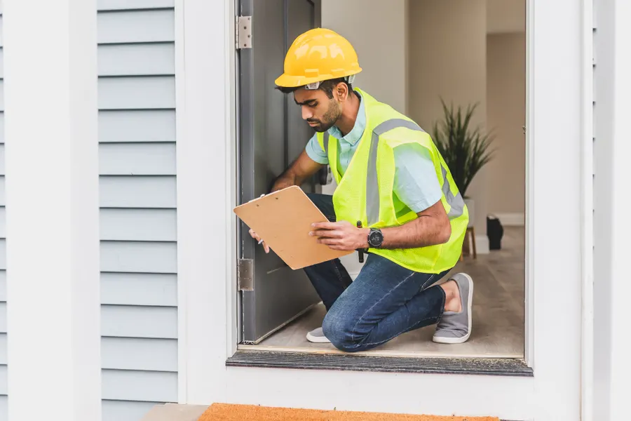 Technician with a clipboard inspecting a home entryway